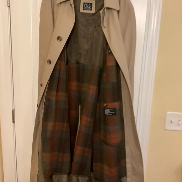 Jos A Bank Men’s 46L Trench Coat Beige Long Removable Plaid Wool Blend Liner - Picture 2 of 9